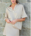Polo jumper with a textured collar beige