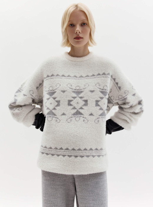 Свитер из пушистой пряжи с орнаментом Symbol Молоко + Серый