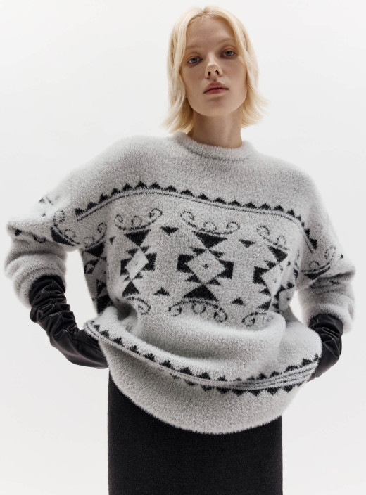Свитер из пушистой пряжи с орнаментом Symbol Серый + Черный