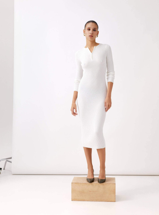 Cindy ribbed midi dress with zipper neckline milk