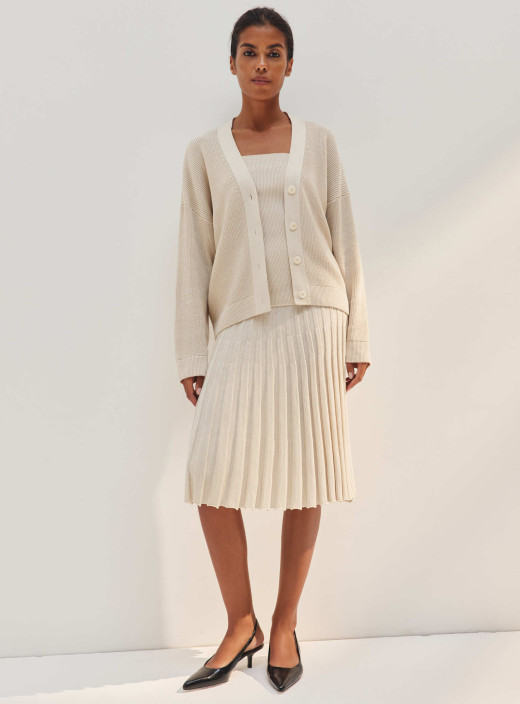 Set with cardigan, top and mid-length skirt in ivory