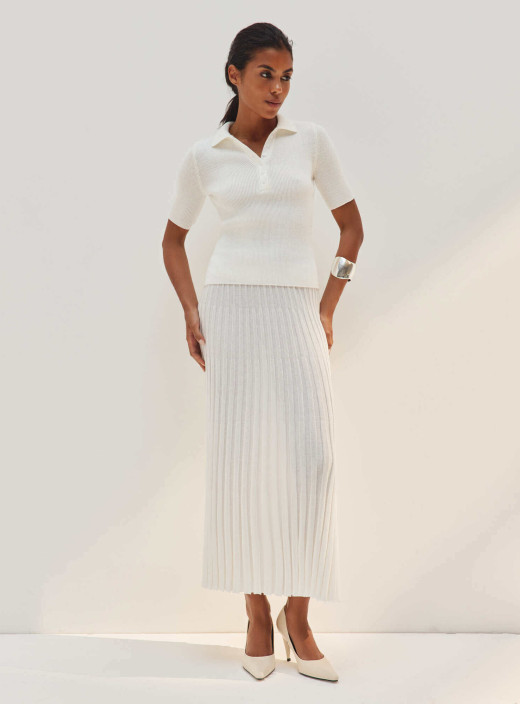 Set of polo shirt and goffered midi skirt milk