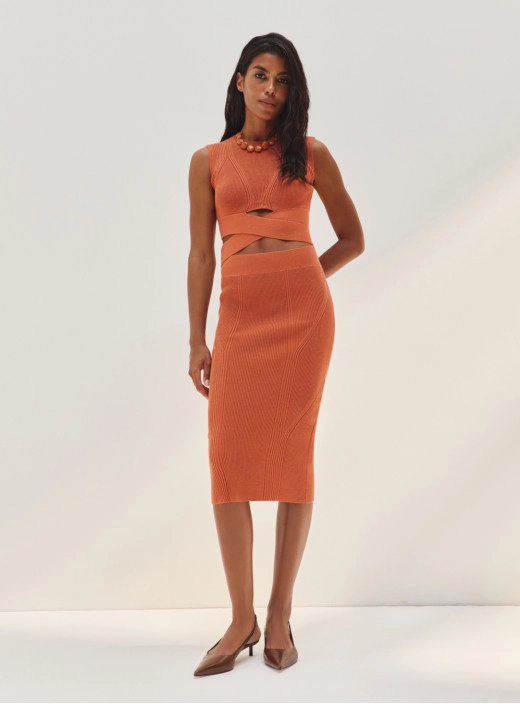 Костюм топ с тесьмой и юбкой карандаш миди терракот