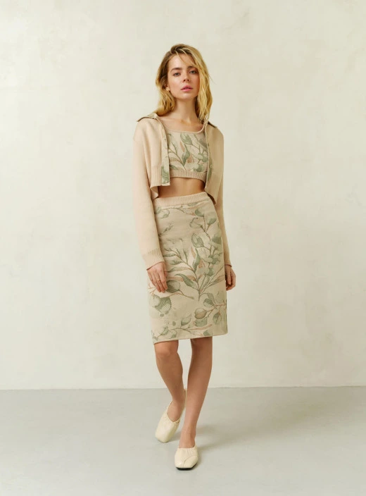 Three-piece suit with print Leaves midi cream