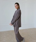 Straight cut sweater suit with straight trousers made of thick jersey cappuccino