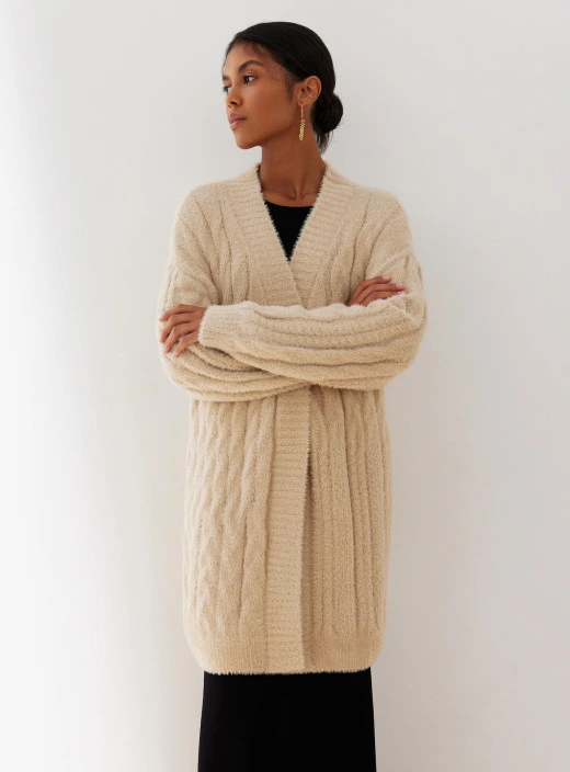 Long cardigan made of fluffy yarn with a textured pattern Ellin beige