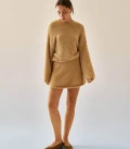 Noel: Set made of fluffy yarn with oversized sweater and mini skirt caramel