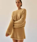 Noel: Set made of fluffy yarn with oversized sweater and mini skirt caramel