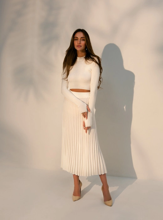 Cotton crop top and maxi pleated skirt set milk
