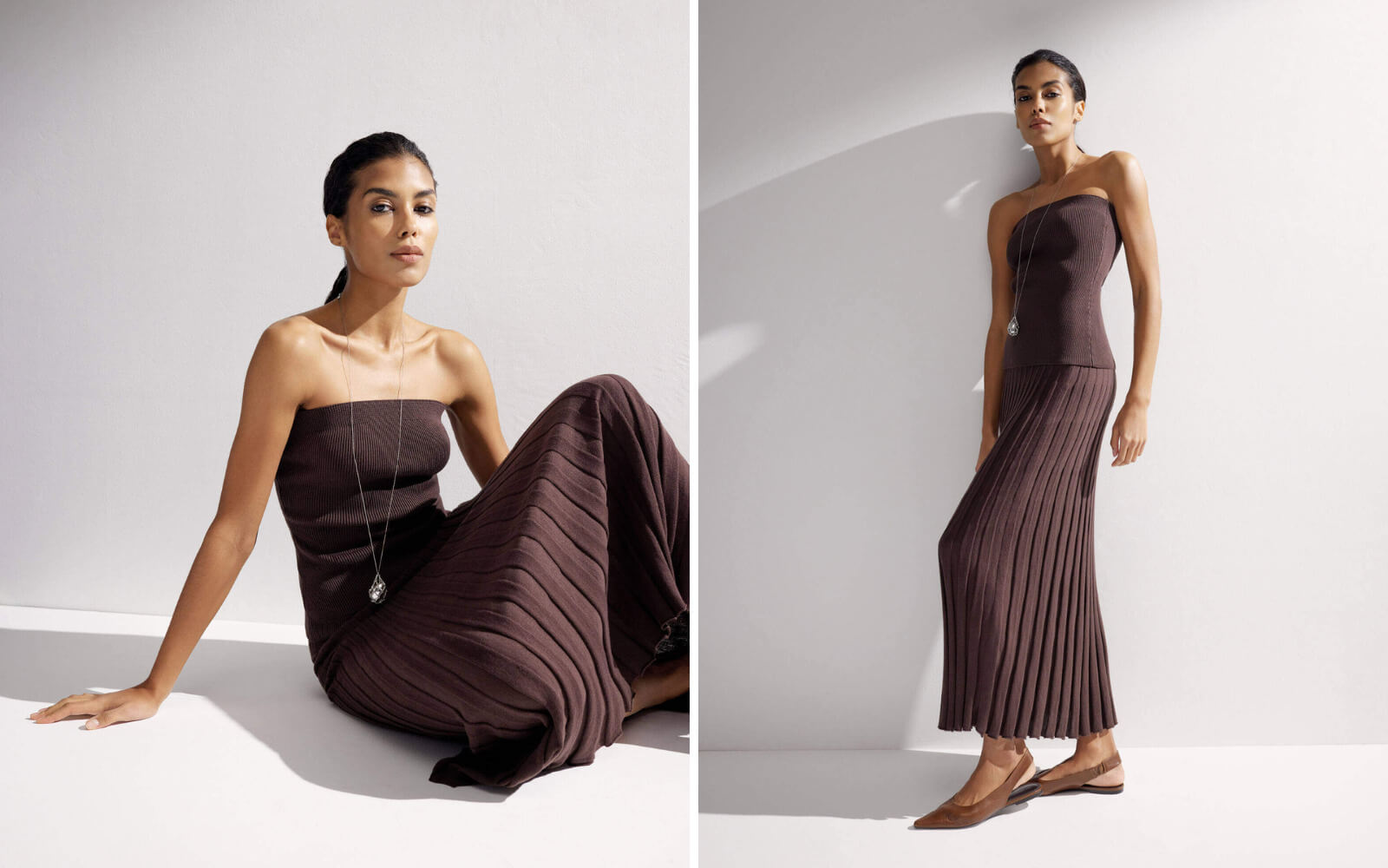 Коричневый топ бандо женский из трикотажа в рубчик: без бретелек, с удлиненным кроем, 25 Union