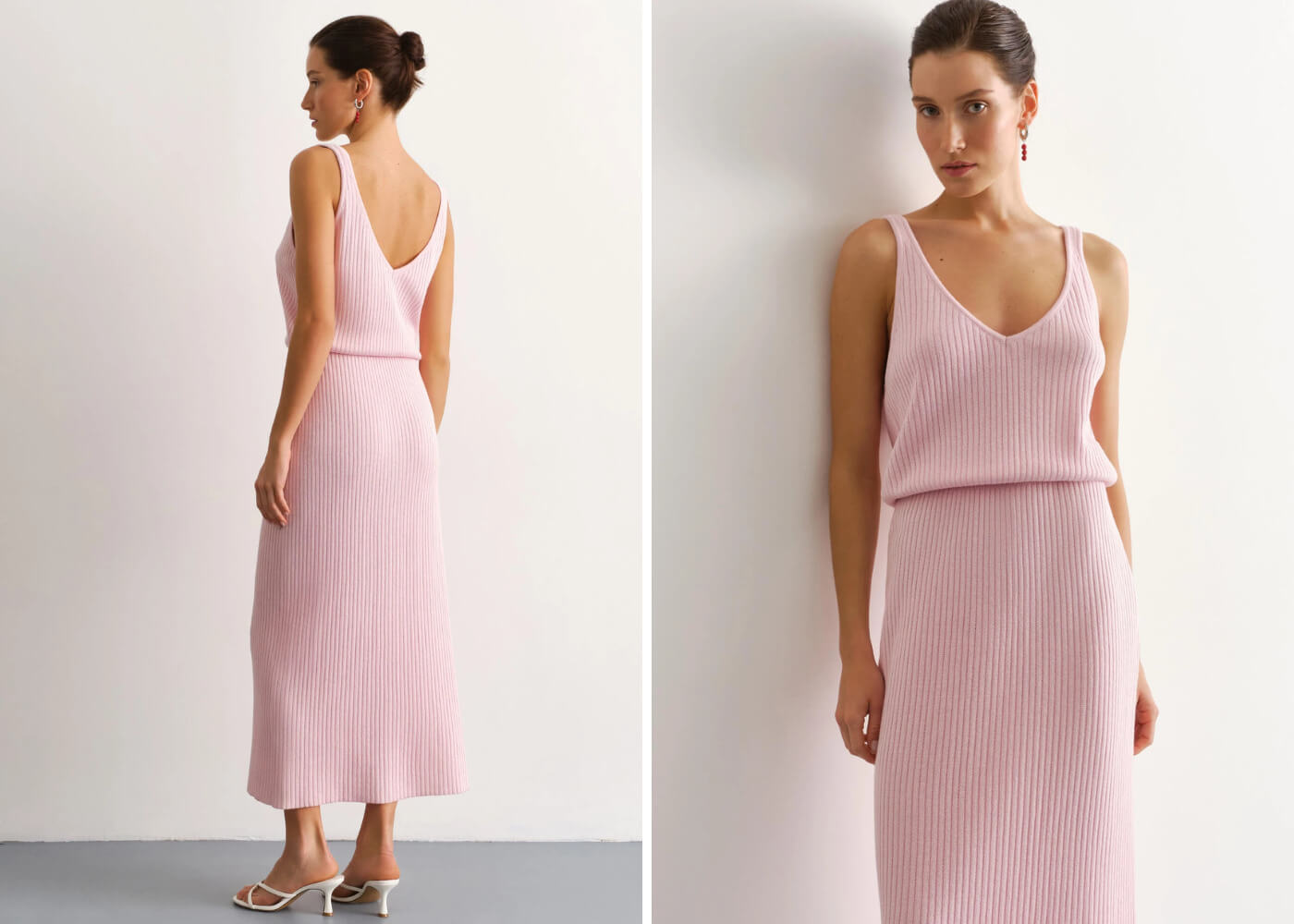 Women's summer pink ribbed knit sundress with adjustable drawstring waist