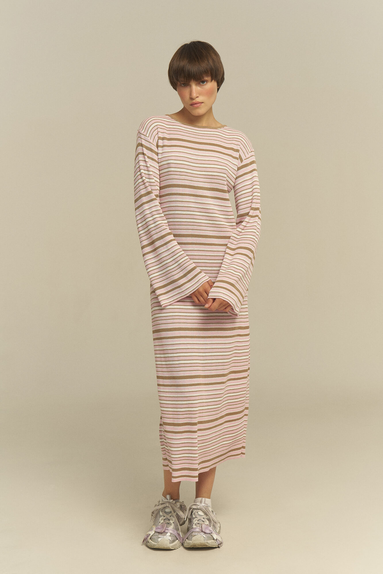 Straight pink striped midi dress with long sleeves for spring and autumn, 25 Union Kazakhstan