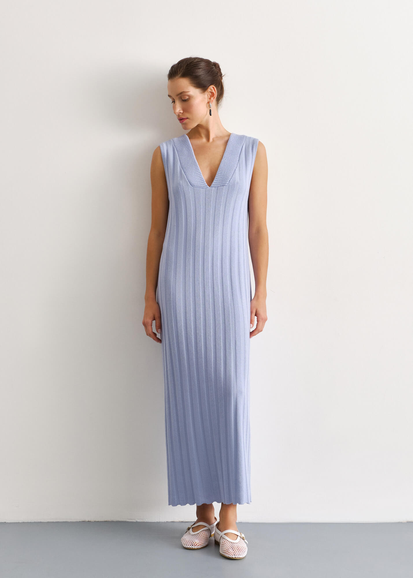 Blue cotton straight summer dress of loose straight cut, sleeveless, 25 Union Kazakhstan