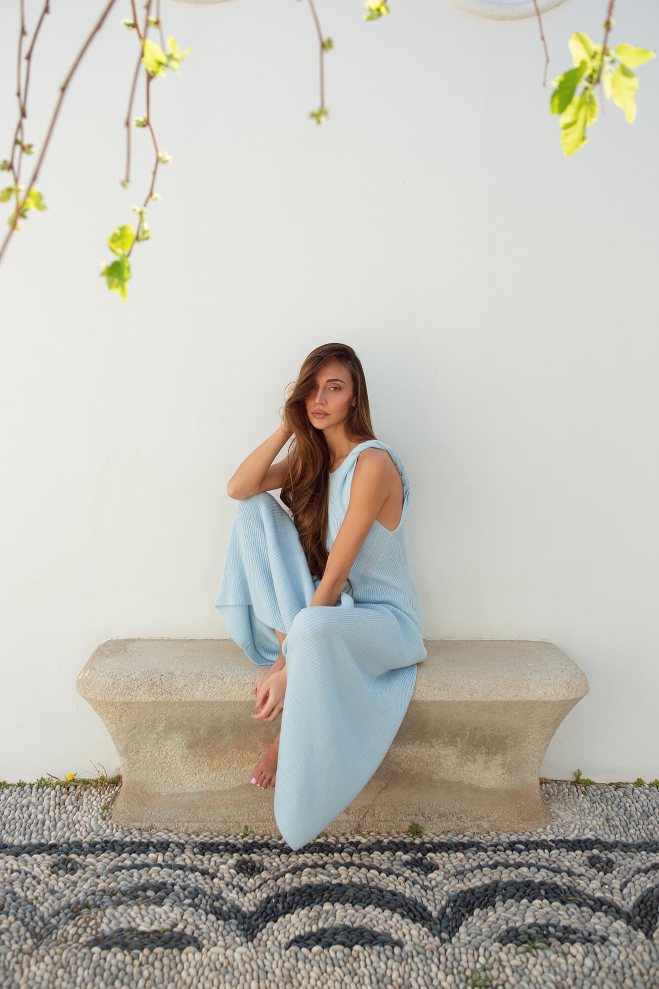 Нарядное голубое платье А силуэта, с декоративными бретельками и трикотажем в рубчик, 25 Union Казахстан