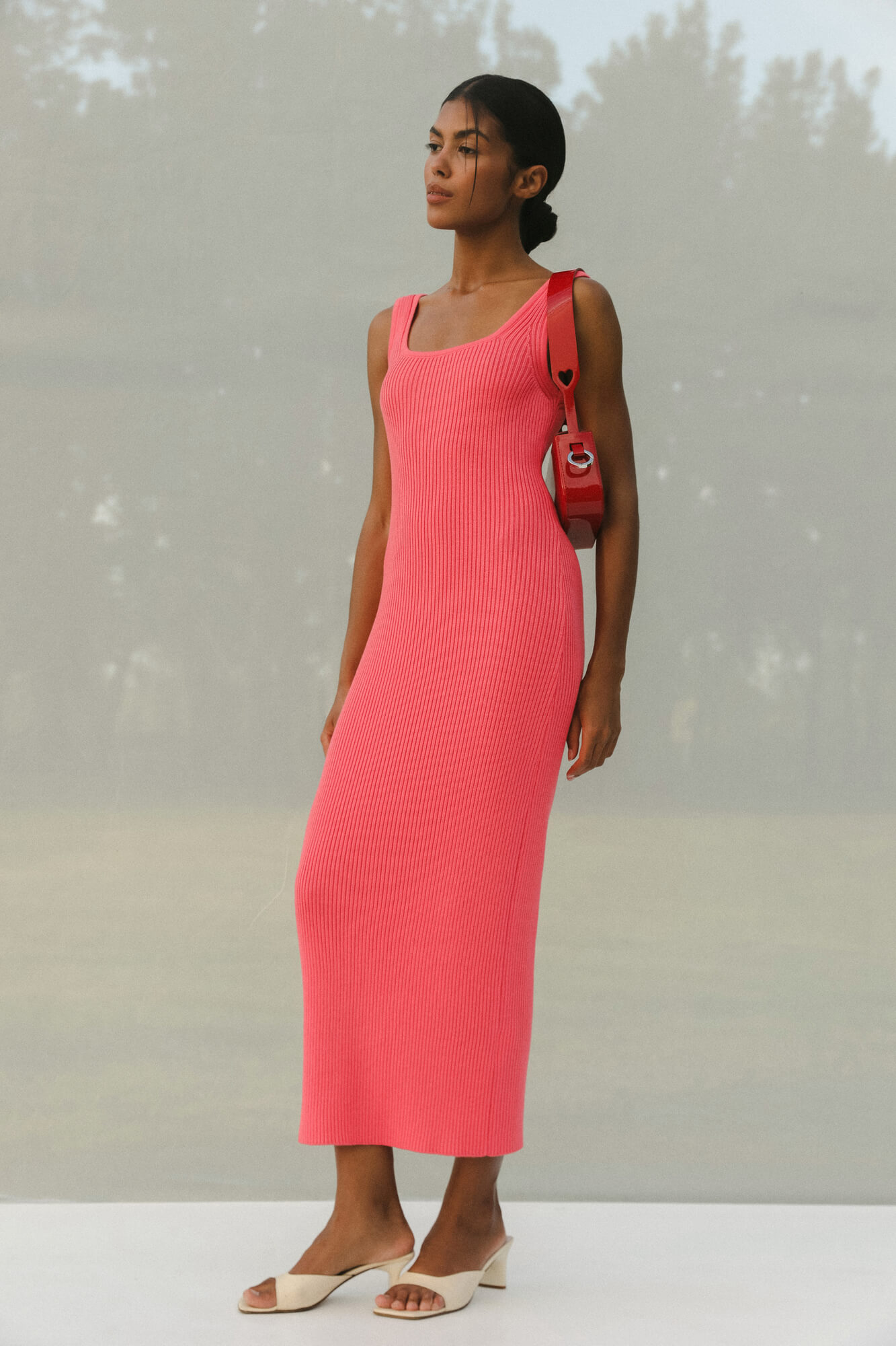 Summer coral ribbed dress with a square neckline, midi length, 25 Union Kazakhstan